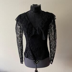Vintage 80s GUNNE SAX Victorian Black Lace Witchy High Neck Vamp Goth Top | XS/S